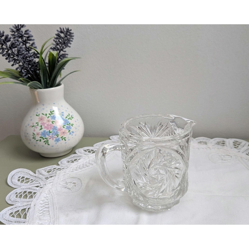 Vintage Crystal Creamer Pitcher, Pinwheel Cut Glass Milk Jug, Small Cream Jug